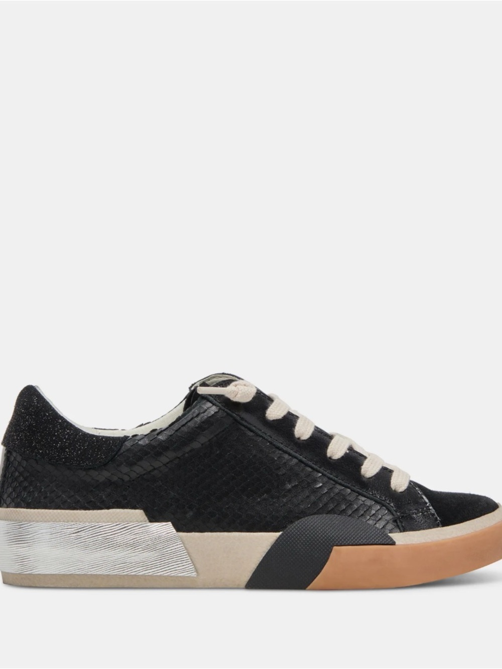 Zina Dolce Vita Black Textured Low-Top Sneakers with Tan Gum Sole